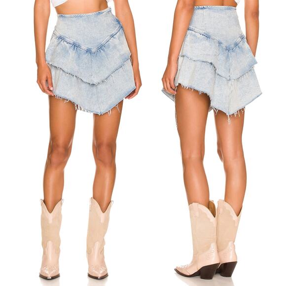 MOTHER The Ruffle Mini Raw Edge Denim Skirt Women’s Size 24 Action Shot - Picture 1 of 7
